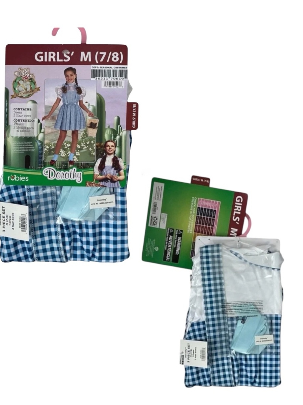 Wizard of Oz Dorothy Costume Dress Blue White Gingham Hair Bows Girls Medium 7-8 - Picture 2 of 16